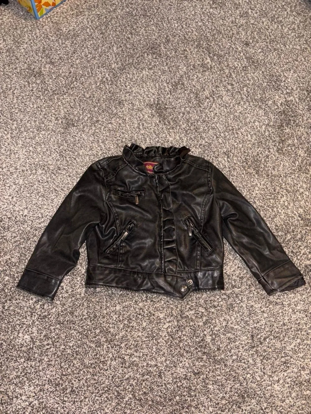 Y2K black faux grunge leather jacket with ruffles details